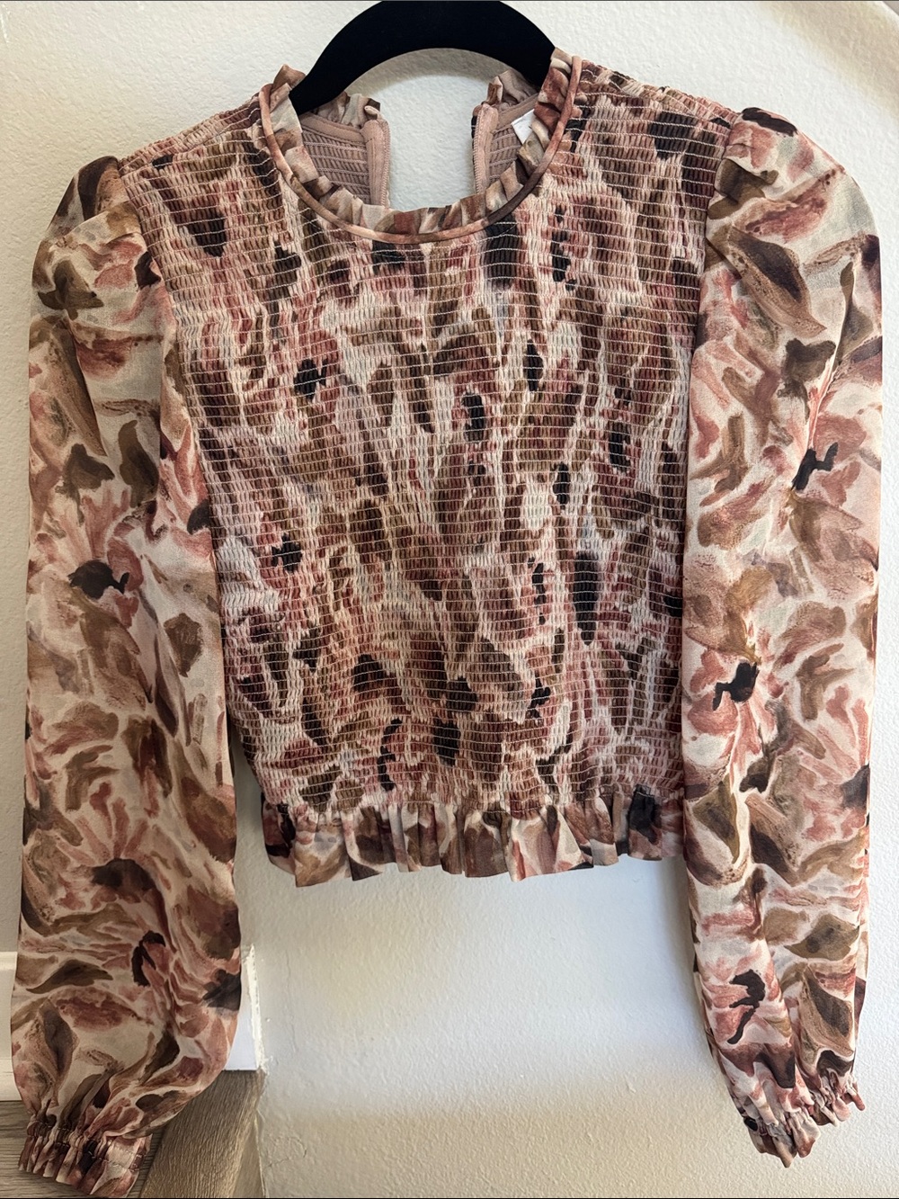 Aritzia Smocked Floral Long-Sleeve Top in Blush Multi